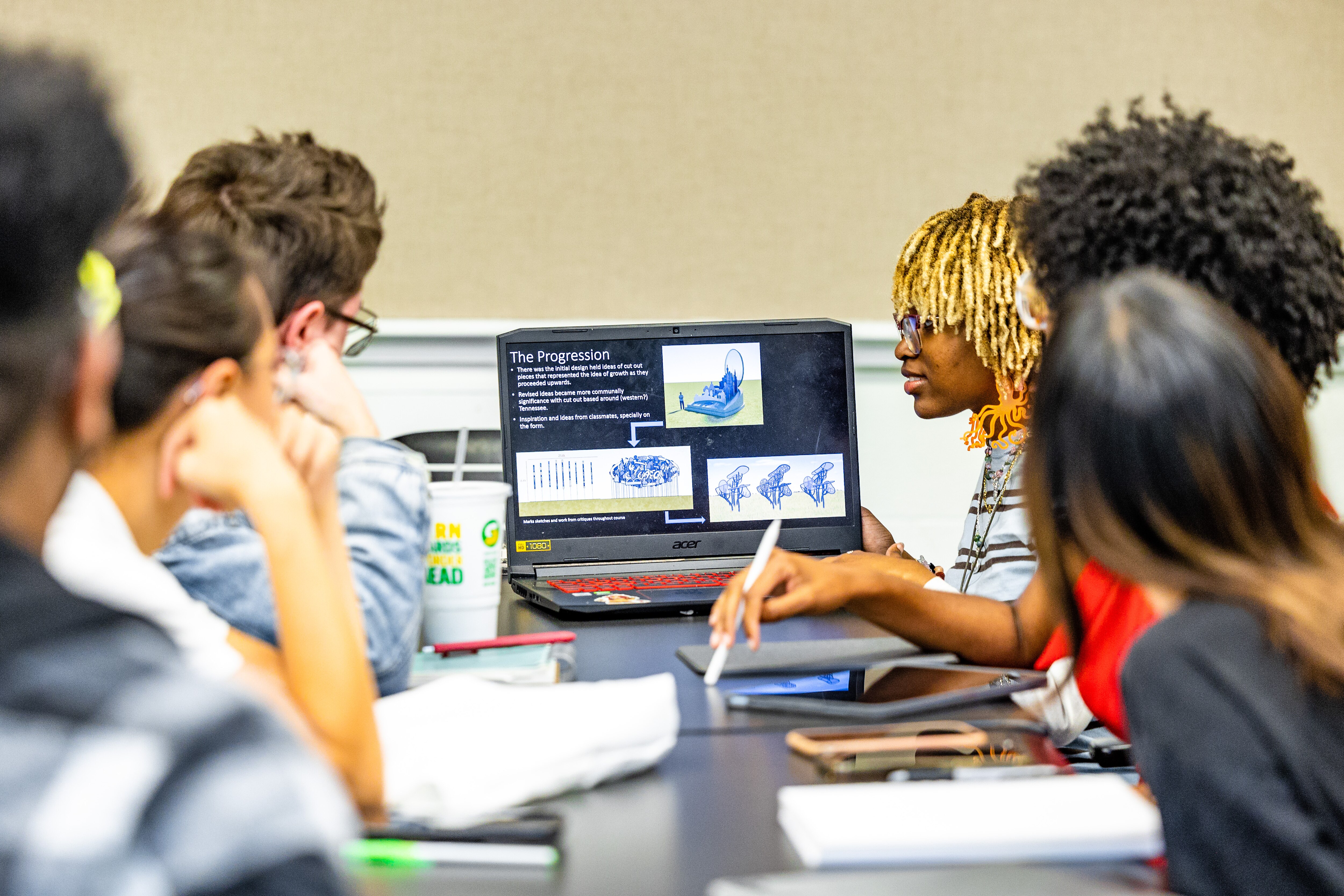 University of Memphis students collaborate on different ideas for the BlueOval City sculpture.